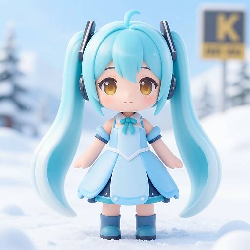 Chibi-style digital drawing of Hatsune Miku with blue twin-tails, yellow eyes, white dress, and blue accents, standing in a snowy