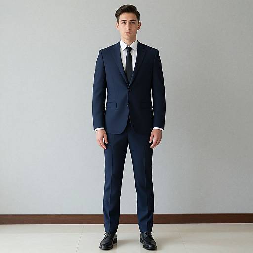 Photograph of a young man with short dark hair, standing straight, wearing a dark navy suit, white shirt, black tie, and black shoes,