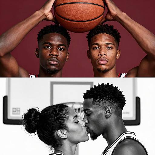 Basketball Players and Couple Sharing a Kiss