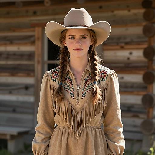 Woman in Western Prairie Costume by Log Cabin