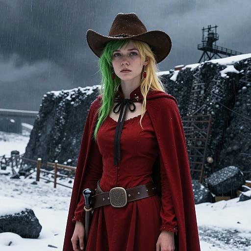 Photograph of a green-haired woman in a red Victorian-style dress and brown cowboy hat, standing in a snowy, industrial landscape.
