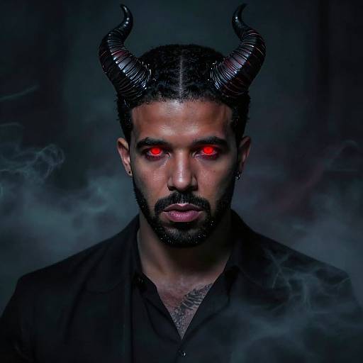 Photograph of a muscular man with dark hair, black horns, glowing red eyes, black beard, black shirt, and smoky background.