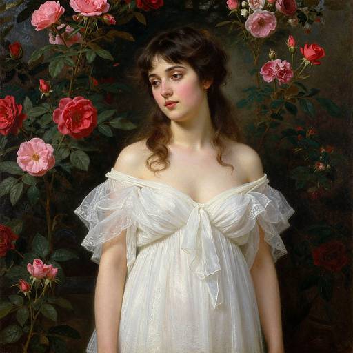 Romantic painting of a fair-skinned woman with dark, wavy hair in an off-shoulder white dress, surrounded by vibrant pink roses.