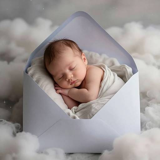 Photograph of a sleeping newborn baby with closed eyes, nestled in a white blanket inside a blue, open envelope, surrounded by soft, white clouds.