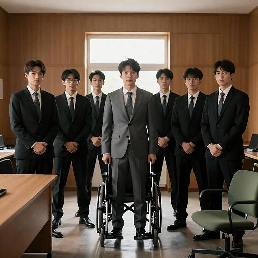 Group of men in suits with wheelchair in office
