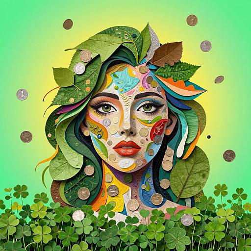 Digital artwork of a colorful, leaf-adorned woman with intricate face patterns, surrounded by coins and clovers, set against a gradient green-yellow background