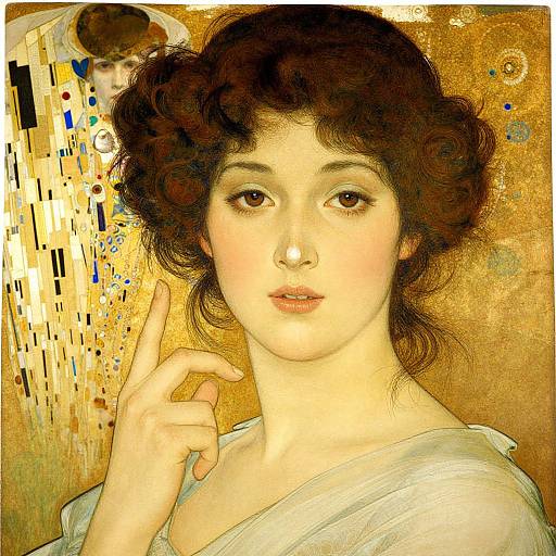 Digital art of a pale-skinned woman with curly brown hair, soft gaze, and delicate features, against a golden, mosaic-patterned background.