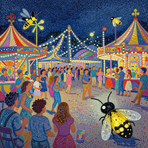 Vibrant digital painting of a nighttime carnival with colorful tents, illuminated strings, buzzing bees, a giant bee, and children in summer clothes, dancing