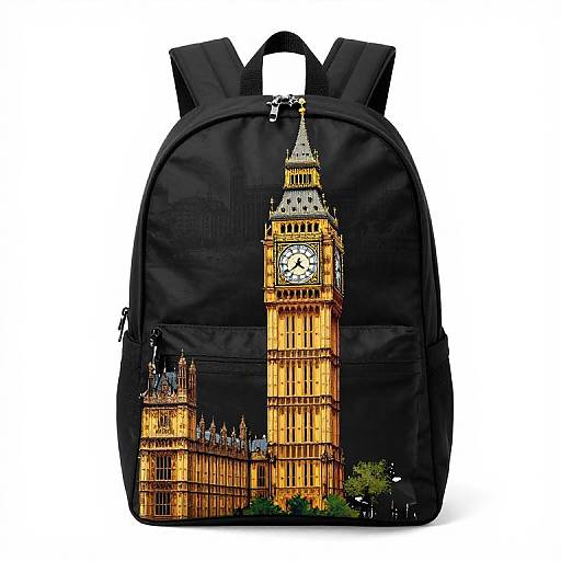 Black backpack with a vibrant, detailed digital illustration of London's illuminated Big Ben clock tower and surrounding buildings on the front.