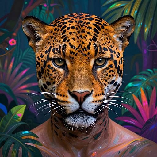 Digital art of a realistic, intense-eyed leopard with vibrant orange and black spots, set against a colorful, neon jungle background.
