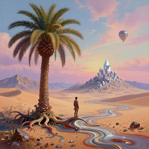 Digital artwork of a silhouetted figure standing before a tall palm tree with winding, colorful ribbons in a desert landscape, with a floating balloon