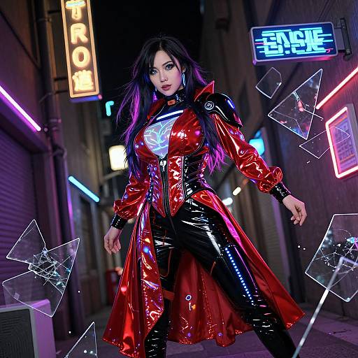 Photograph of a fierce Asian woman in a shiny red and black latex outfit, neon-lit alley, shattered glass effects, bold urban street style.