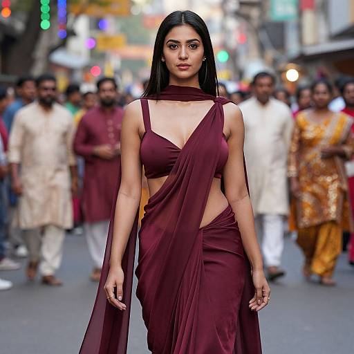 Photograph of an Indian woman with long black hair, wearing a maroon saree with a deep neckline, walking confidently down a busy street with blurred