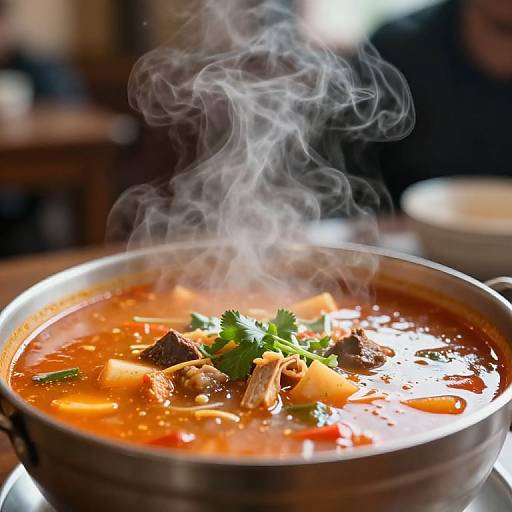 Photograph of steaming hot, vibrant red tomato soup in a metal bowl, garnished with chunks of meat, vegetables, and fresh parsley, with