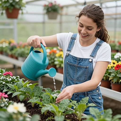 Photograph of a smiling young woman with brown hair, wearing denim overalls and a white shirt, watering potted plants with a blue watering can in