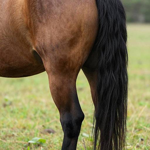 Close-up photograph of a brown horse's side and hind leg, with a long, black, wavy mane and tail, standing in a green,