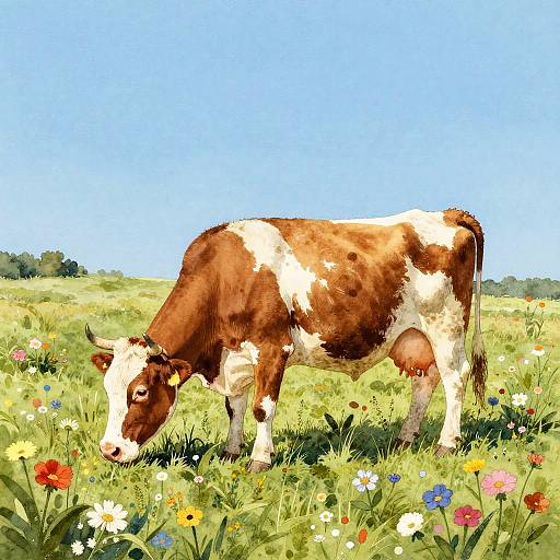 Photograph of a brown and white cow grazing in a vibrant, sunlit meadow filled with colorful wildflowers under a clear blue sky.