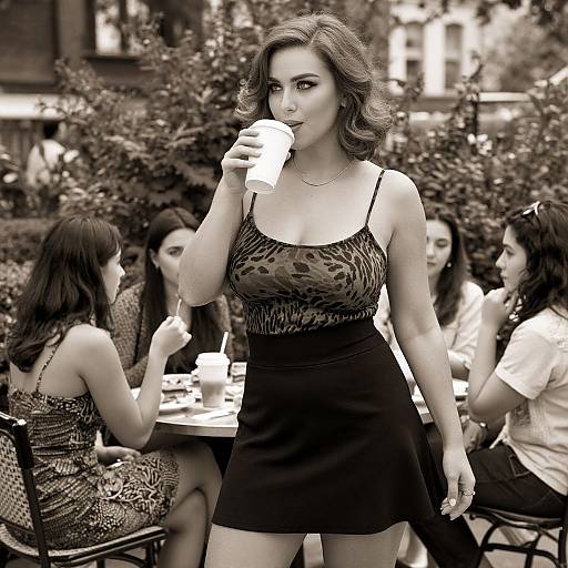 Black-and-white photograph of a curvy woman with wavy hair, wearing a leopard print top and black skirt, sipping from a cup, standing