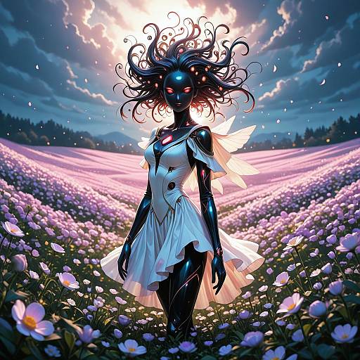Digital artwork of a mysterious, dark-skinned woman with glowing red eyes, wild black hair, white dress, and ethereal wings standing in a radiant