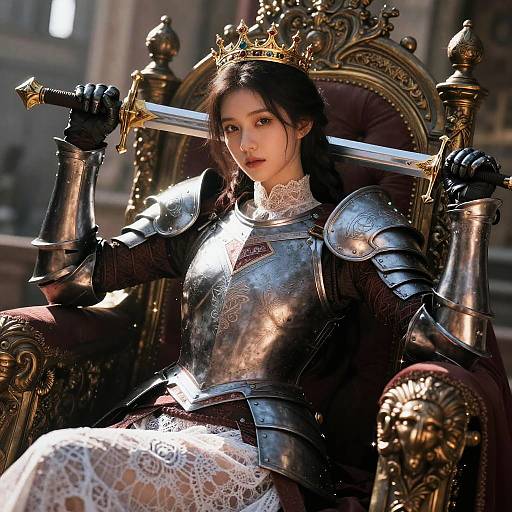 Photorealistic digital art of a young Asian woman in medieval armor, crowned, holding a sword on a throne, lace dress, dimly lit castle