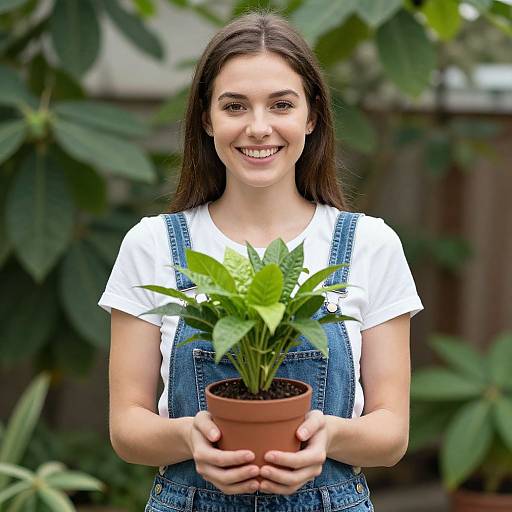Photograph of a smiling young woman with long brown hair, wearing denim overalls and a white shirt, holding a small potted plant in a garden