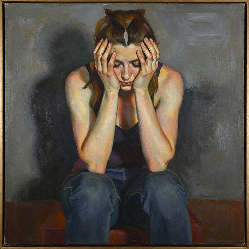 Painting of a distressed woman with brown hair, wearing a black tank top and blue jeans, sitting and covering her face with hands, against a dark