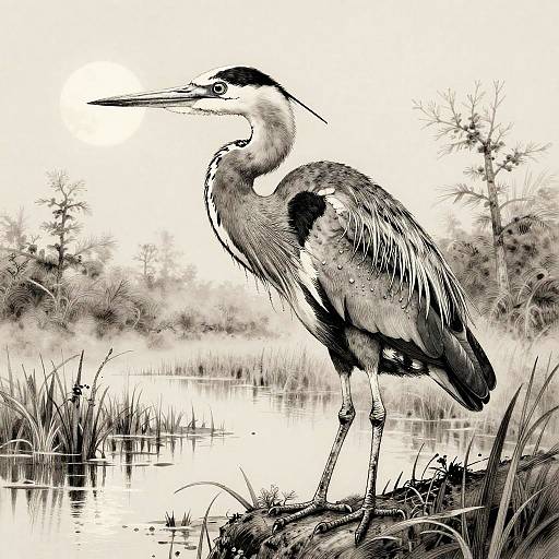 Intricate Heron Pen and Ink Drawing