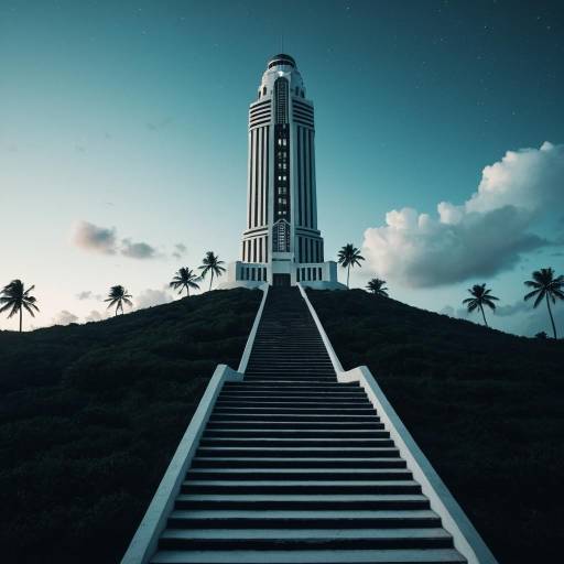 Art Deco Tower on Elevated Atoll with Long White Steps