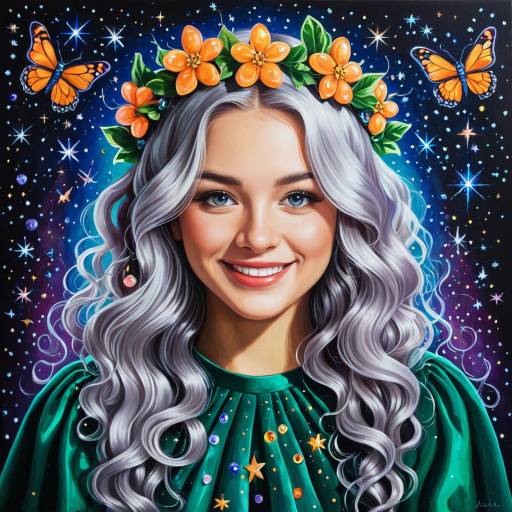 Portrait of Girl with Silver Hair and Flower Crown