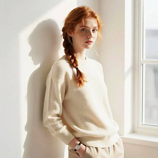 Photograph of a red-haired woman in a white sweater, standing in bright sunlight near a window, casting a shadow.