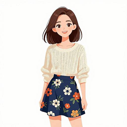 Digital anime-style drawing of a smiling young woman with shoulder-length brown hair, wearing a white lace top and blue floral skirt.