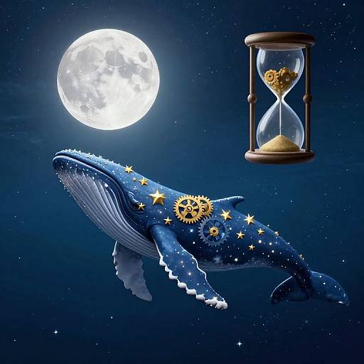 Digital artwork of a blue whale adorned with stars and gears, swimming beneath a bright full moon, with an hourglass floating nearby.