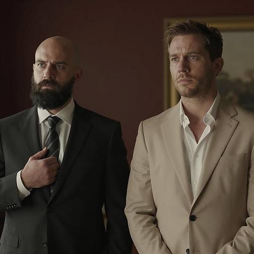 Serious Men in Suits in Dimly Lit Room