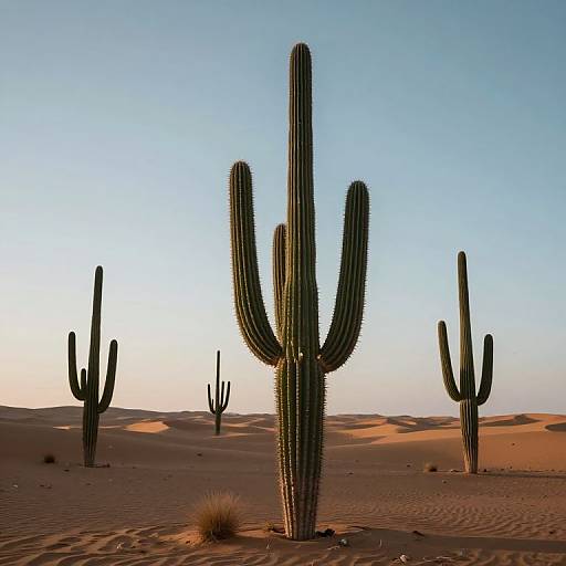 Photograph of a desert landscape at sunset, featuring tall, ribbed cacti silhouetted against a clear, blue sky, with rolling