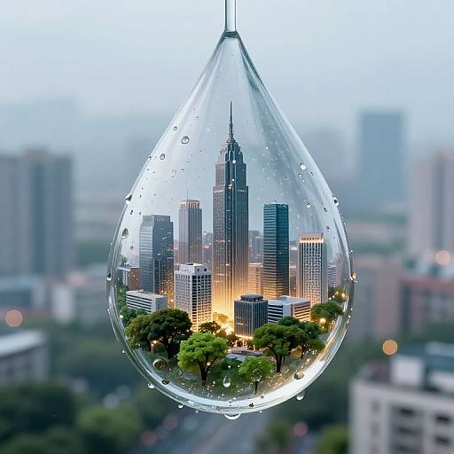 Photograph of a city skyline inside a clear, teardrop-shaped pendant light with water droplets, hanging against a blurred urban background at dusk.