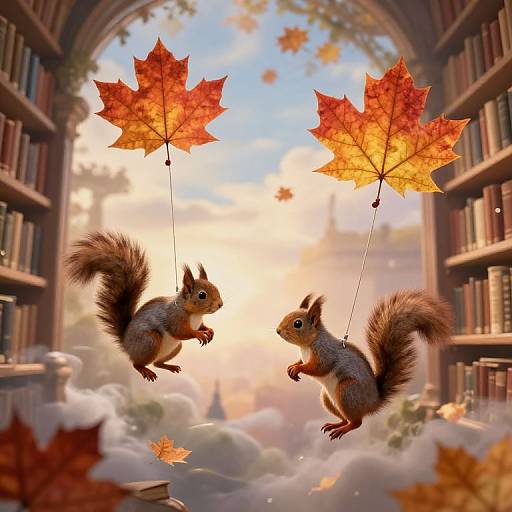 Photograph-style digital artwork: Two floating, gray squirrels with bushy tails, suspended by strings attached to vibrant autumn leaves, in a sunlit