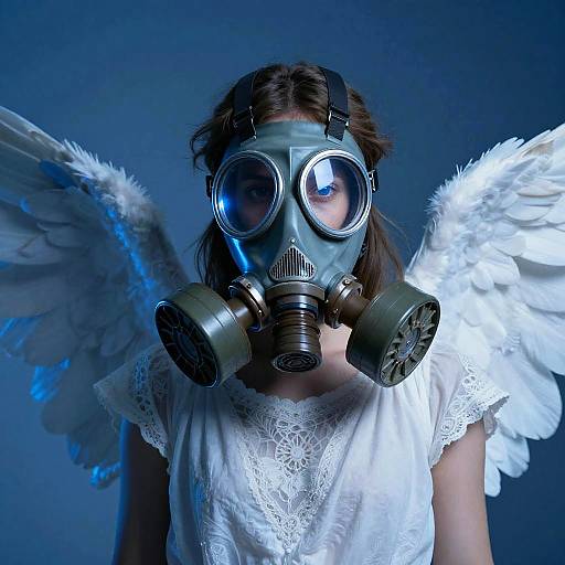 Photograph of a woman with white angel wings, wearing a lace white dress and a blue gas mask, against a blue gradient background.