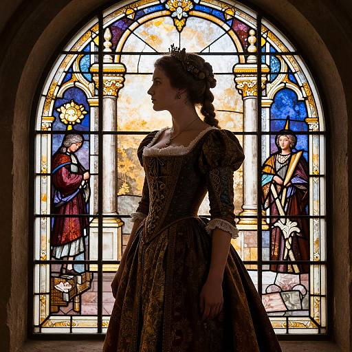 Photograph of a woman in an ornate, dark brown, Renaissance-style dress standing in profile before a vibrant, stained glass window featuring historical figures.