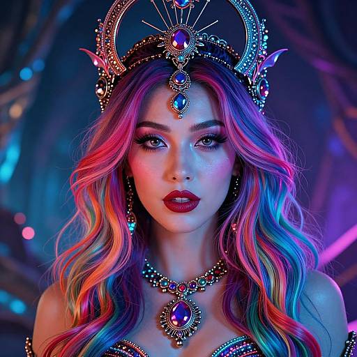 Digital portrait of a mystical woman with vibrant pink and blue hair, wearing an ornate crown and necklace, against a neon blue and purple backdrop.