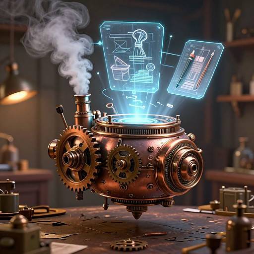 Steampunk-style, copper mechanical pot with glowing blue holographic diagrams and smoke, set in a dimly lit workshop. CGI digital art.