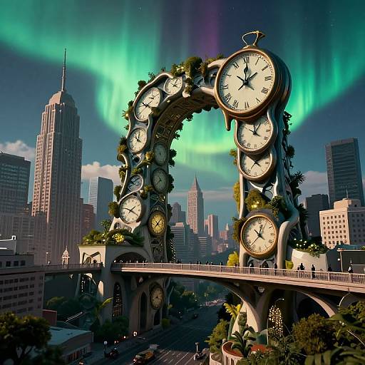 Photograph of a surreal cityscape featuring a clock archway with multiple clocks, surrounded by greenery, against a backdrop of skyscrapers and vibrant