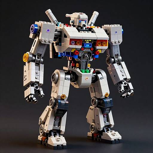 Photograph of a detailed, white LEGO mecha robot with colorful lights, intricate joints, and various blue, red, and yellow accents.