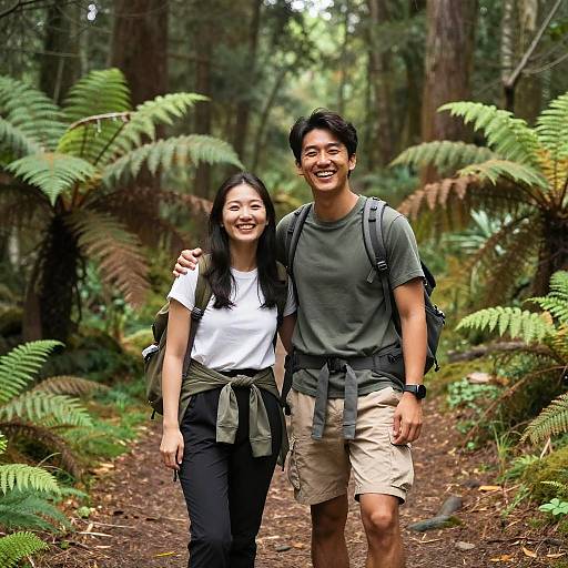 Photograph of smiling Asian couple hiking through lush, fern-filled forest; woman in black pants and white shirt, man in gray shirt and beige shorts,