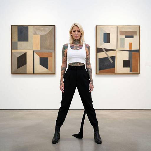 Blonde Tattooed Woman in Art Gallery