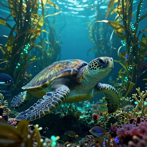 Photograph of a green sea turtle swimming gracefully through a vibrant underwater coral reef, surrounded by colorful seaweed and small fish.