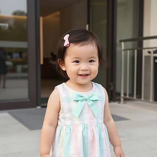 Photograph of an adorable Asian toddler with black hair, wearing a white dress with a light blue bow, and a pink hair clip, standing outside a