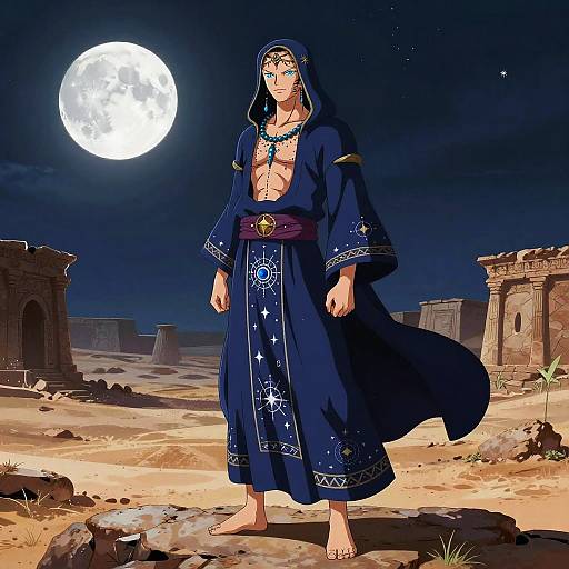 Digital illustration of a muscular, bare-chested man with tan skin, wearing a dark blue, star-patterned robe under a full moon in a desert
