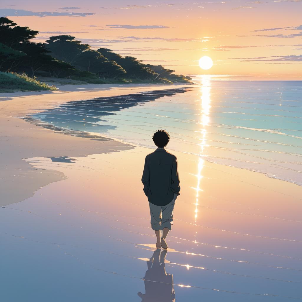 Reflective Man Walking on Serene Beach