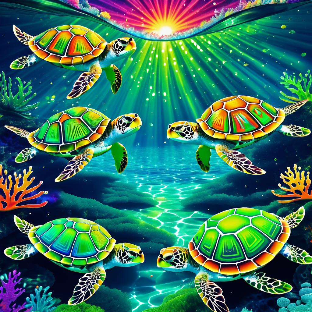 Surreal Psychedelic Turtles in Lagoon