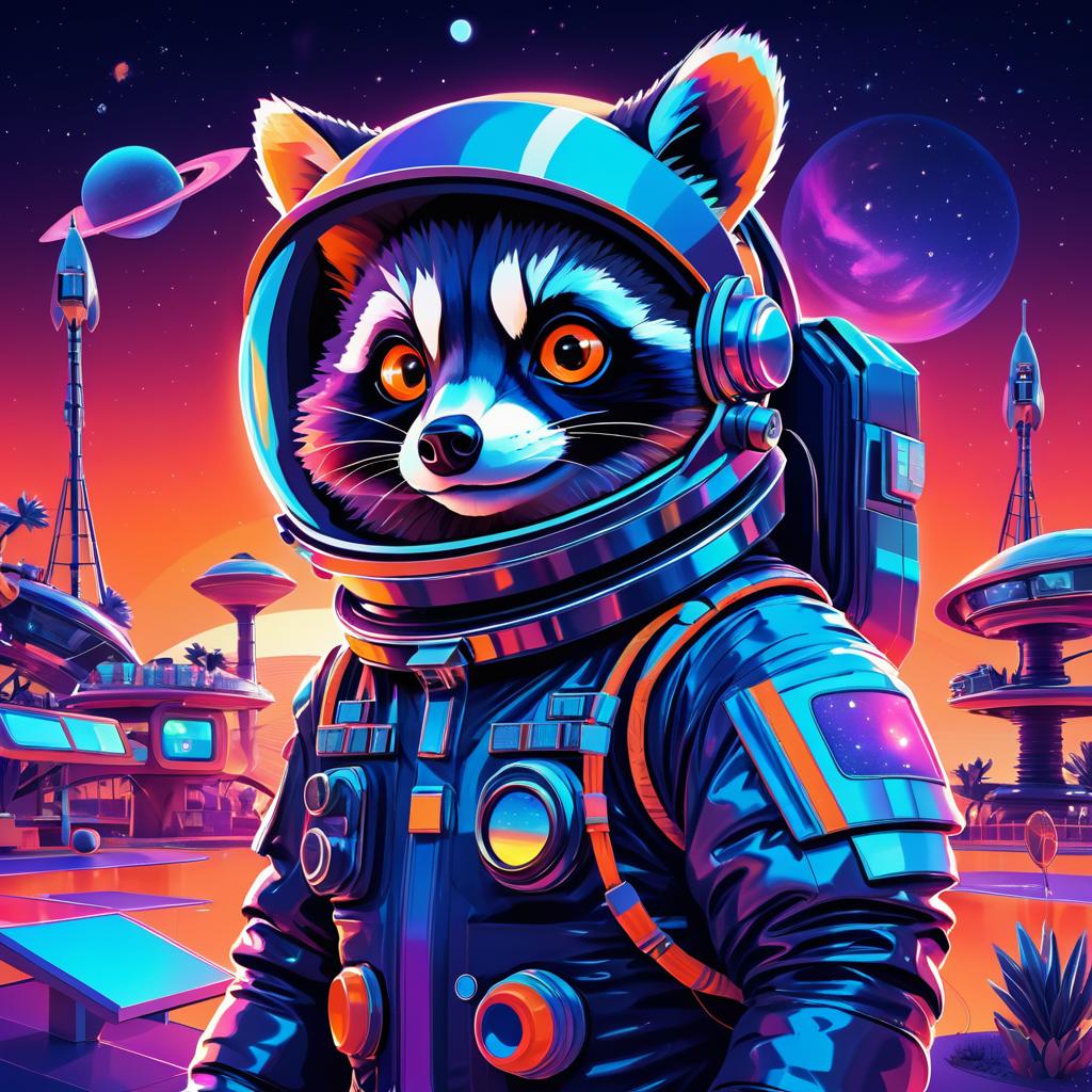 Whimsical Space Raccoon in Retro Futurism